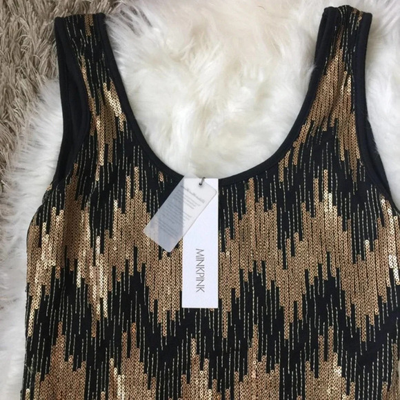 MINKPINK | Gold Sequin Metallic Chevron Bodycon Dress - Picture 3 of 8